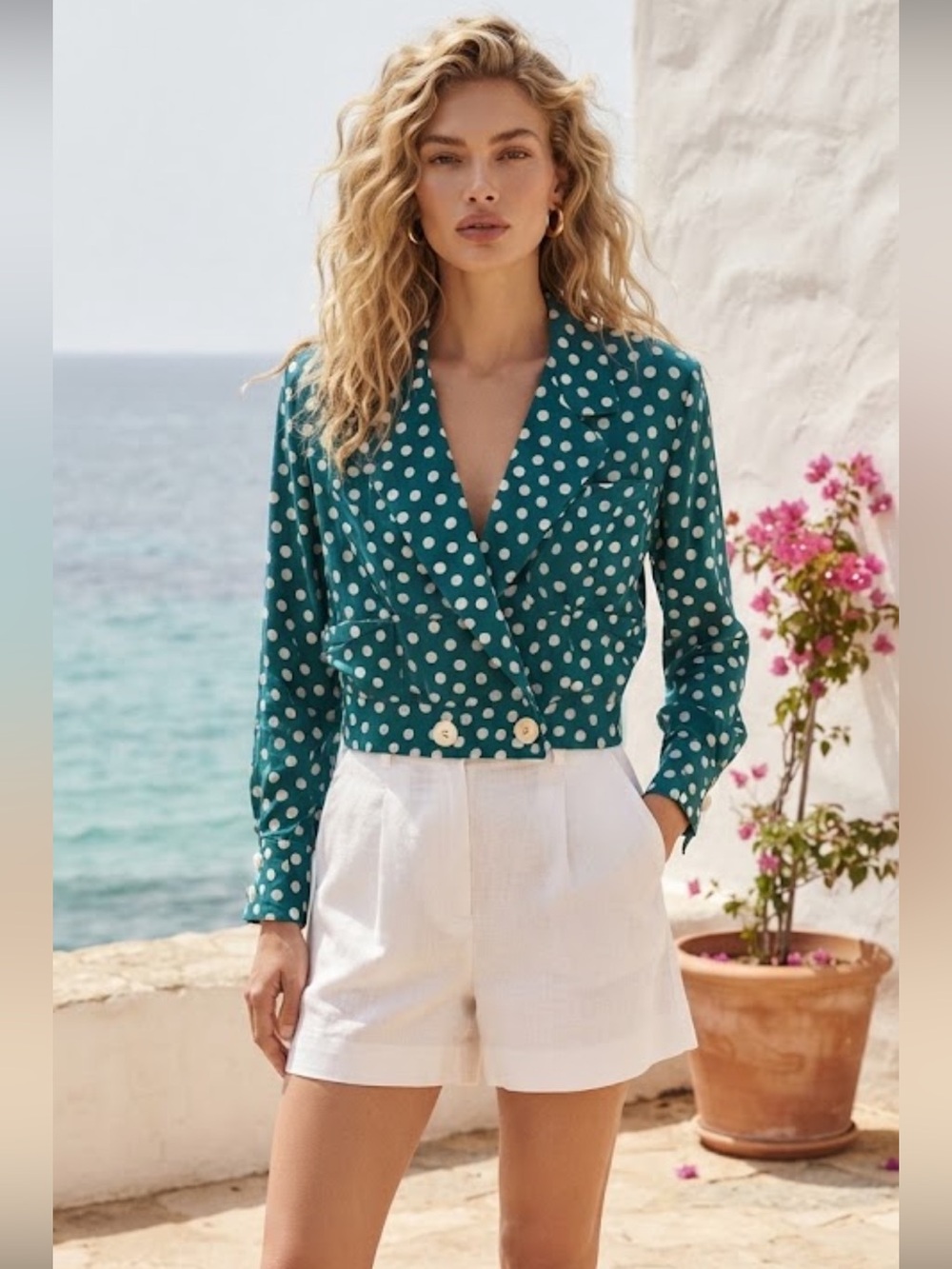 Vintage Dana Buchman Silk Green White Polkadot Blouse Blazer